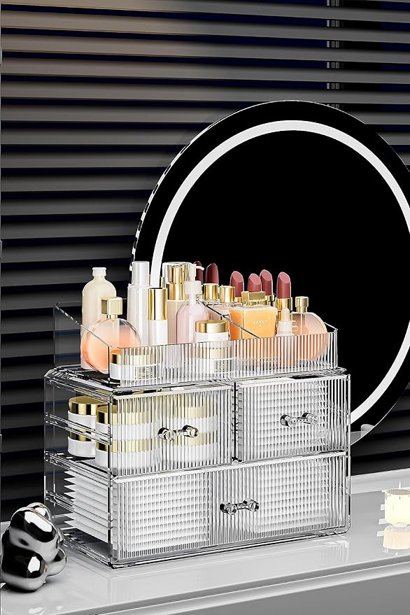 ZHIAI Stackable Cosmetic Organizer, Acrylic Cosmetic Organizer for Dresser, Vanity, Kitchen Cabinet, Bathroom, Under Sink, Home Organization and Storage (1 Top 3 Drawers)