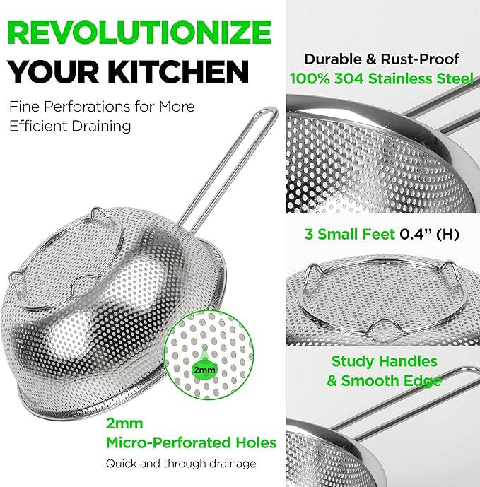 COMPORT K Premium 18/8 304 Stainless Steel Strainer Set of 3 with Long Handle, Micro-Perforated Colanders 1.5-2.5-4 Quart Set, Self-Draining Solid Base for Pasta, Fruits, Vegetables, Made in Korea