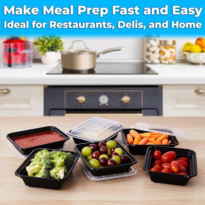 Pro Grade BPA-Free Plastic Containers with Lids 50ct. 12oz Leakproof Microwavable Portion Container for To-Go Orders, Food Prep and Storage. Reusable Bento Box for Restaurant Cafe and Catering.