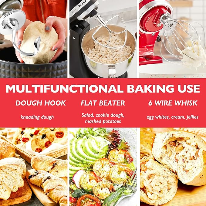 Wiselet Stainless Steel Accessories for KitchenAid 4.5-5 Qt Tilt Head Stand Mixer, Includes 6 Wire Whisk, Flat Beater, Dough Hook for KitchenAid, Dishwasher Safe and Heavy Duty, Fits for KSM45, KSM150