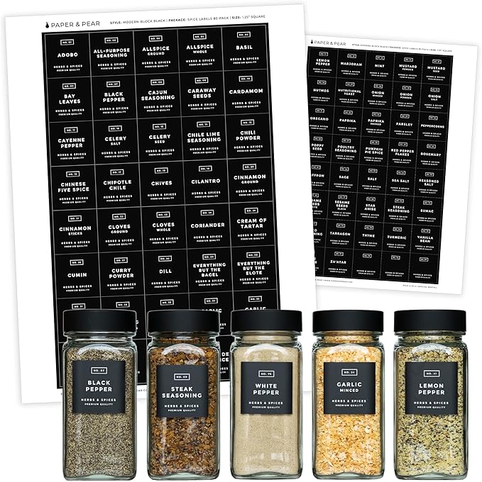 Modern Block-Black Spice Labels (no Jars) by Paper & Pear - Oil Resistant Kitchen Pantry Labels - 1.25” Square Spice Labels Stickers - Durable Spice Jar Labels Preprinted Waterproof - Set of 80