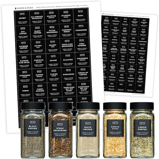 Modern Block-Black Spice Labels (no Jars) by Paper & Pear - Oil Resistant Kitchen Pantry Labels - 1.25” Square Spice Labels Stickers - Durable Spice Jar Labels Preprinted Waterproof - Set of 80