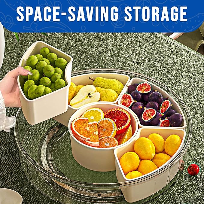 Rotating Snack Box Container for Parties, Veggie Tray with Lid, Divided Serving Tray for Fruit, Large Rotating Tray with Lid for Kids and Fridge Storage (10" Rotating snackle Box)