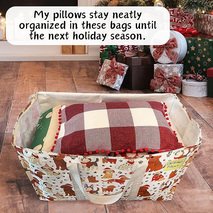 VENO 6 Pack Moving Bags and Large Christmas Storage Bins with lids. Alternative to Moving Boxes, Packing Supplies for College. Extra Large Heavy Duty Totes for Packaging (Holiday Pups, 6 Pack)