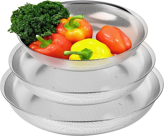 COMPORT K Premium 18/8 304 Stainless Steel Large Colander Set of 3, Comfortable Micro-Perforated Shallow Strainers, 5.5-7-10 Quart Tray Set, Self-Draining Solid Base for Pasta, Fruits, Vegetables