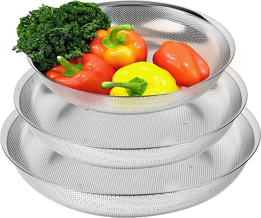 COMPORT K Premium 18/8 304 Stainless Steel Large Colander Set of 3, Comfortable Micro-Perforated Shallow Strainers, 5.5-7-10 Quart Tray Set, Self-Draining Solid Base for Pasta, Fruits, Vegetables