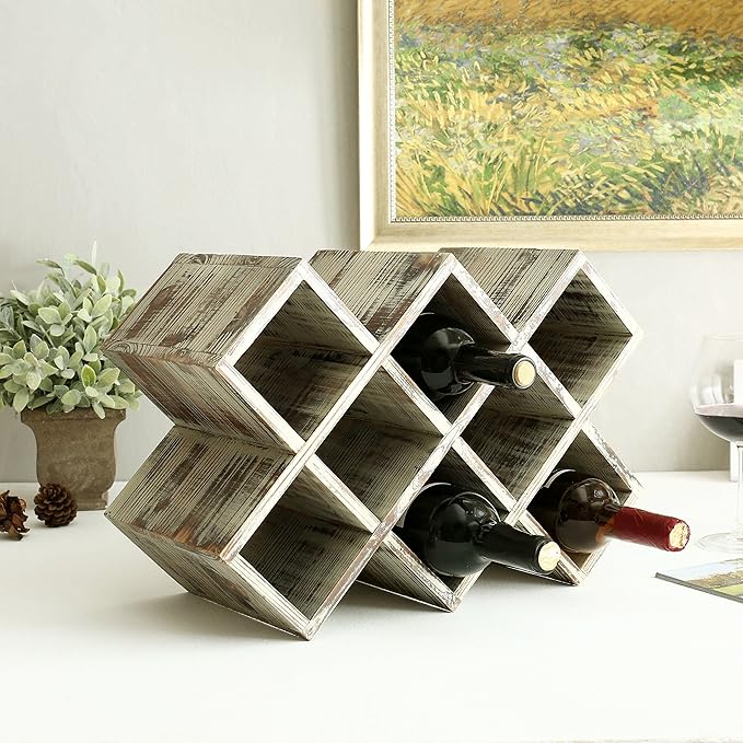 MyGift Wine Rack Countertop 8 Bottles, Barry Wood Wine Holder Organizer for Home Bar, Farmhouse Kitchen, Wedding & Party Decor, Rustic Torched