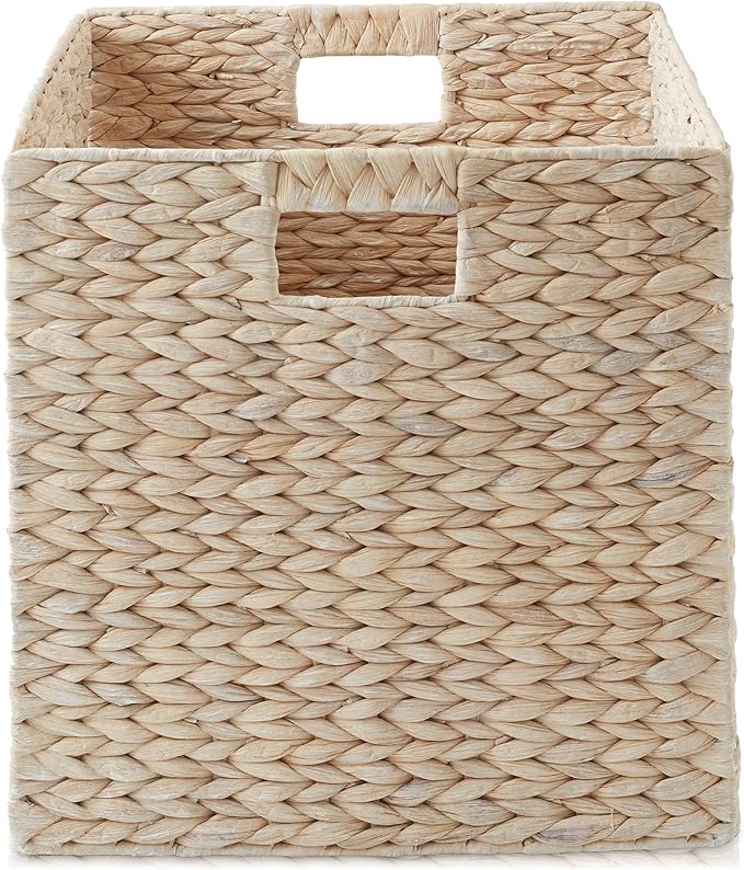 Casafield 13" x 13" Hyacinth Storage Baskets, Whitewash - Set of 2 Storage Organizers, Woven Wicker Cubes for Bathroom, Bedroom, Laundry, Shelves