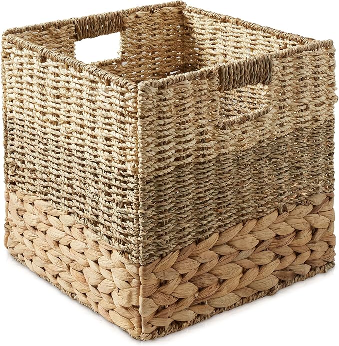 Casafield 10.5" x 10.5" Mixed Weave Storage Baskets, Natural - Set of 2 Woven Hyacinth Seagrass Wicker Storage Cube Bins for Bathroom, Bedroom, Laundry, Pantry, Shelves