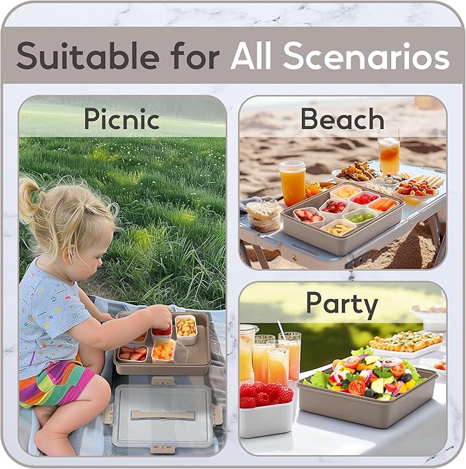 Snackle Box Container for Adults with 9 Compartment, Divided Serving Tray Snack Box Containers with Lid and Handle, Charcuterie Boxes Portable Snack Platter for Fruit Veggie Party Travel, Brown