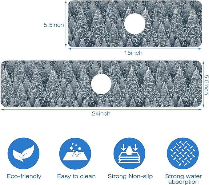 Christmas Forest Sink Faucet Absorbing Mat Pine Spruce Sink Splash Guard Faucet Mat Draining Mat Fast Drying Sink Protectors for Kitchen and Bathroom 5.5"×24"