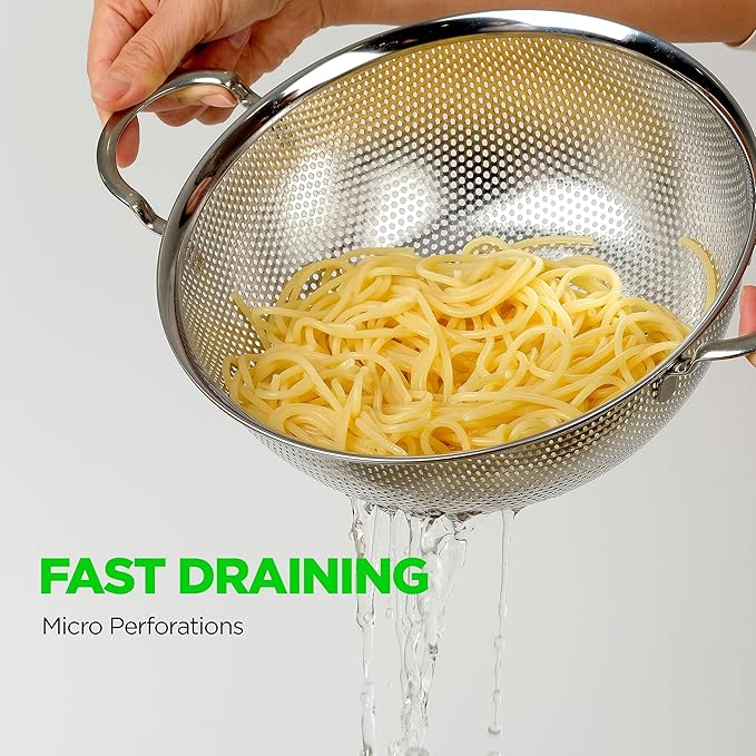 COMPORT K Premium 18/8 304 Stainless Steel Strainer Set of 3 with Handles, Micro-Perforated Colanders, 4-6-8 Quart Set, Self-Draining Solid Base for Pasta, Fruits, Vegetables, Made in Korea