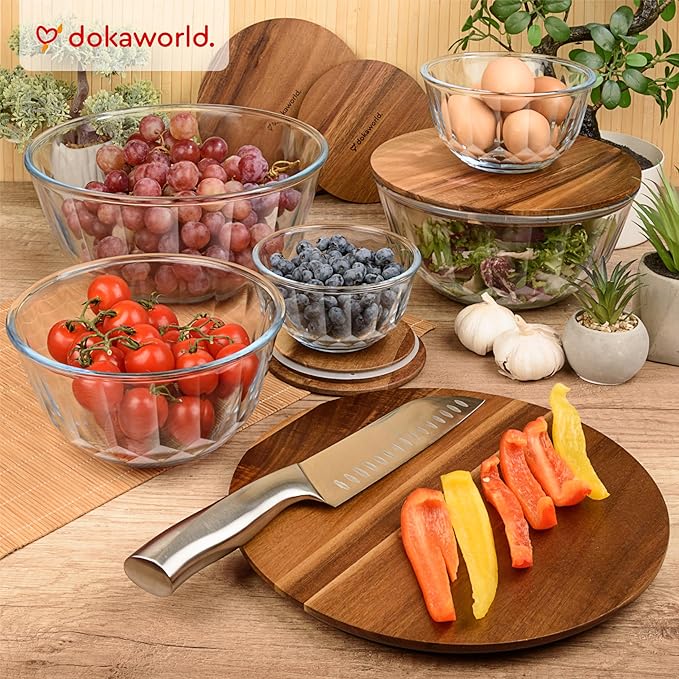 dokaworld Large Stackable Set of 5 Nesting Glass Bowls with Acacia Lids for Foodprep, Storage, Baking, Sourdough Mixing & Cooking. Microwave & Oven Safe Heat Resistant Inert Borosilicate Glass