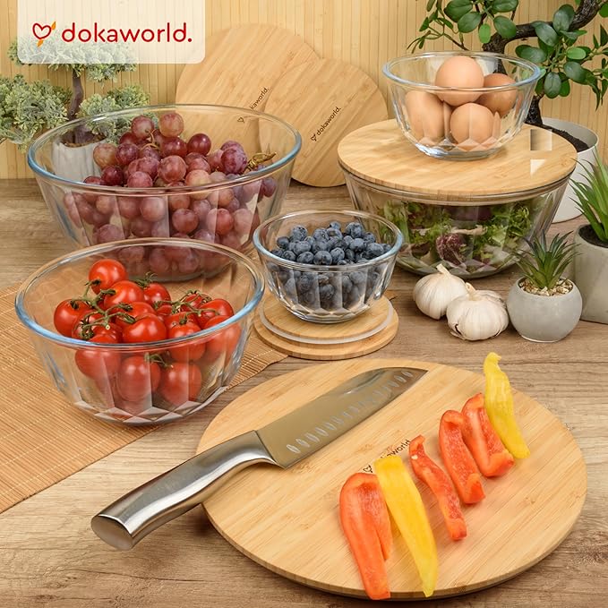 dokaworld Large Stackable Set of 5 Nesting Glass Bowls with Bamboo Lids for Foodprep, Storage, Baking, Sourdough Mixing & Cooking. Microwave & Oven Safe Heat Resistant Inert Borosilicate Glass