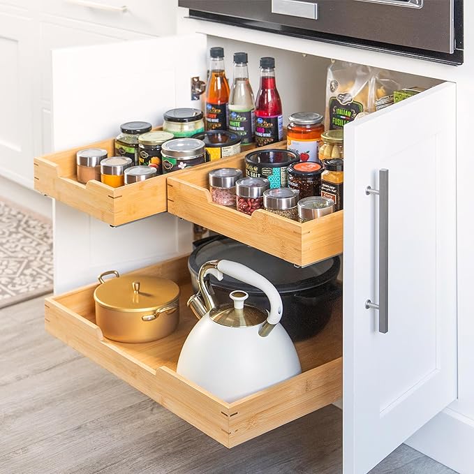 HOLDN’ STORAGE Bamboo Wooden Pull out Cabinet Organizer 20" W x 21" D - Requires At Least a 21.25" W x 21" D. Cabinet Opening. W/Lifetime Limited Warranty. Bamboo Tray and Heavy gauge metal rails.