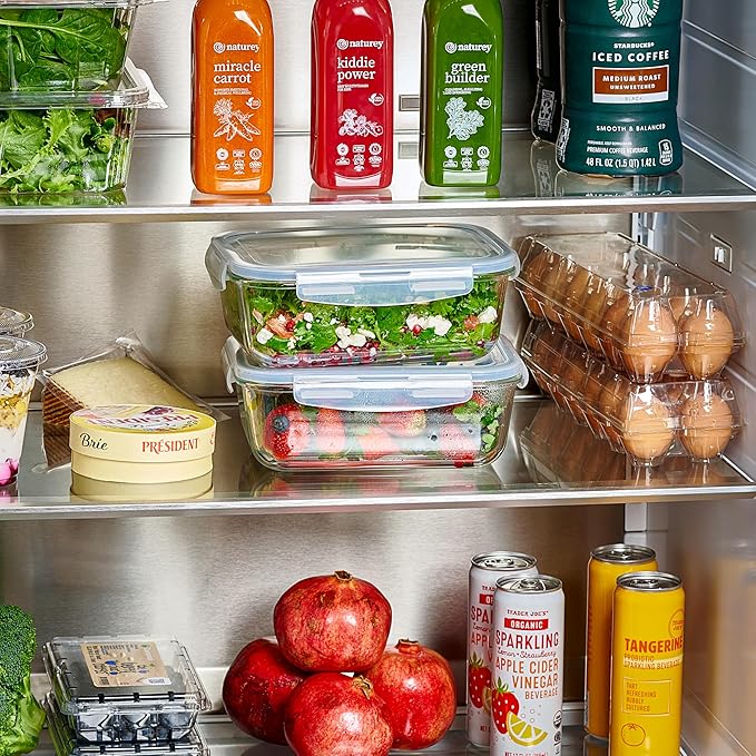 4pc Set - 8 Cup / 64oz Large Glass Food Storage Containers with Lids Airtight Meal Prep Container with Lid Lock - Freezer Microwave & Oven Safe Clear Lunch Bowl Stackable Baking Pantry Organizer