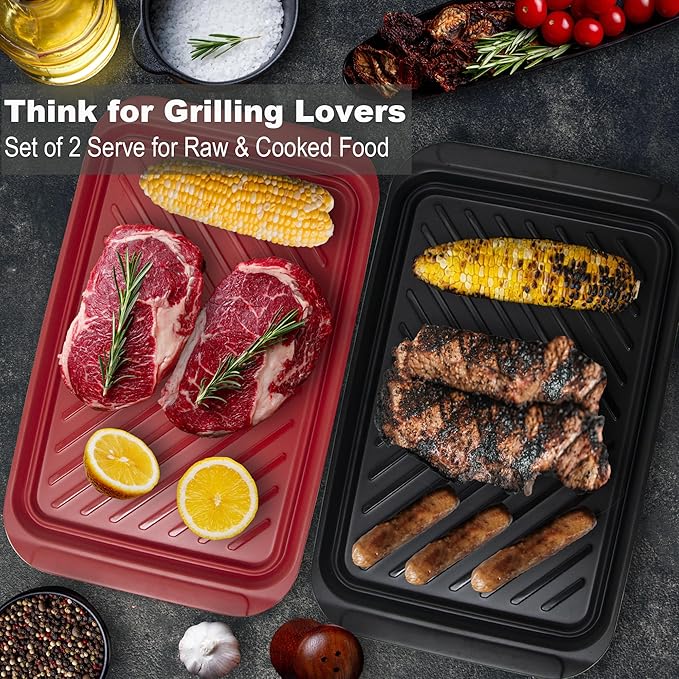 Czlizdyt Grilling Prep and Serve Trays, BBQ Platter for Raw and Cooked Food, Melamine Serving Trays for Food, Set of 2, Black and Red, Napkin and Cleaning Clothes Included