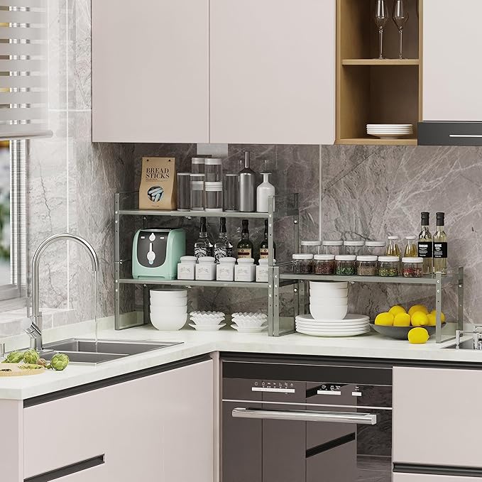Jojocross Expandable Stackable Spice Rack Cabinet Shelf Organizer in Cabinets Shelves Kitchen Cupboard Organization Stack up Racks Pantry Countertop Storage (Gray, Large 1 Pack)