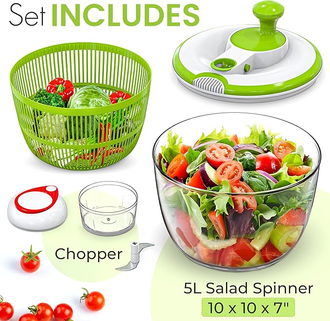 RTMAXCO Salad Spinner, 5L Large Capacity Lettuce Washer with Easy Spin Mechanism, BPA-Free Vegetable Dryer for Kitchen.