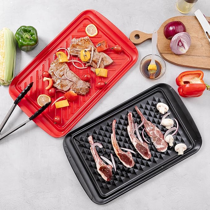 ZAROCRUS BBQ Tray for Raw Meat Prep and Cooked Food, Grill Prep and Serve Trays, Melamine Serving Trays and Platters for Food, Unbreakable Party Tray, Set of 2, Black and Red
