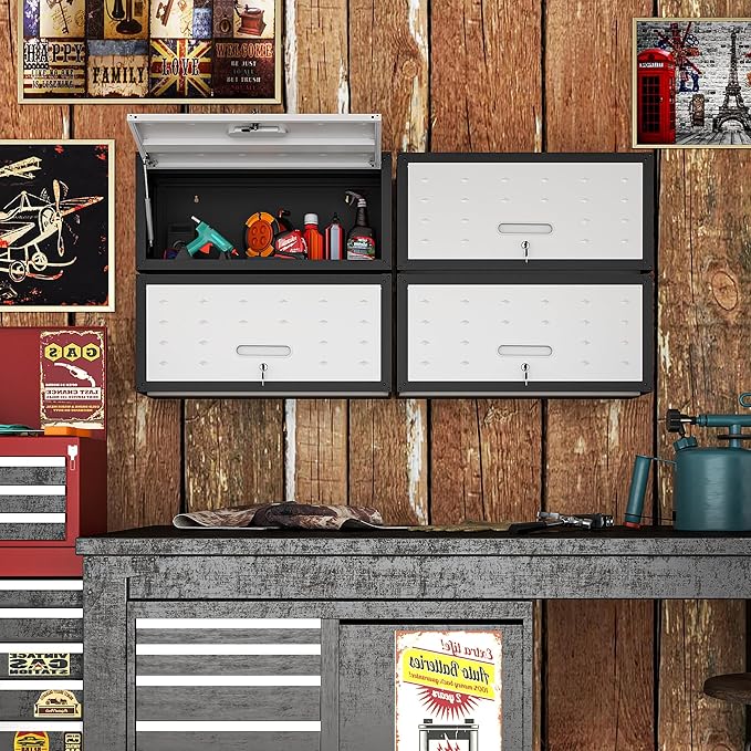 BIZOEIRON Garage Wall Cabinet with Flip-Up Door, Lockable Metal Storage Cabinet Wall Mounted, Hanging Tool Cabinet for Garage Basement Utility Room (Black &Grey)