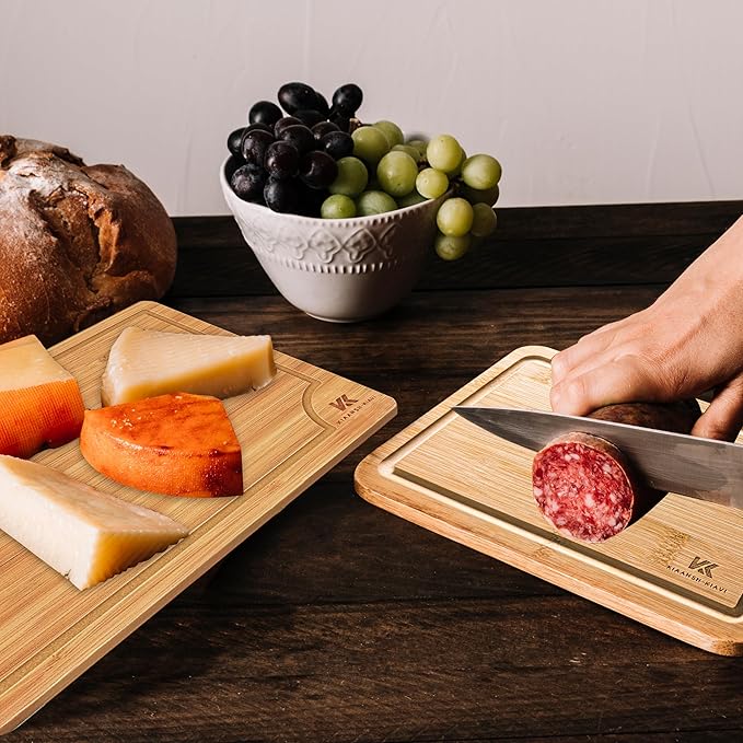 Kiaansh-Kiavi Wood Cutting Boards for Kitchen-Bamboo Cutting Board Set of 3, with Juice Grooves, Thick Chopping Board handles., Large, Natural