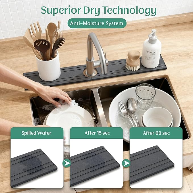 Stone Faucet Mat for Kitchen Sink Splash Guard 23.6" x 3.9" with 2.5" Center Hole | Dark Grey Diatomite Drying Stone Mat | Non-Slip Stone Tray for Kitchen Counter with Premium Texture