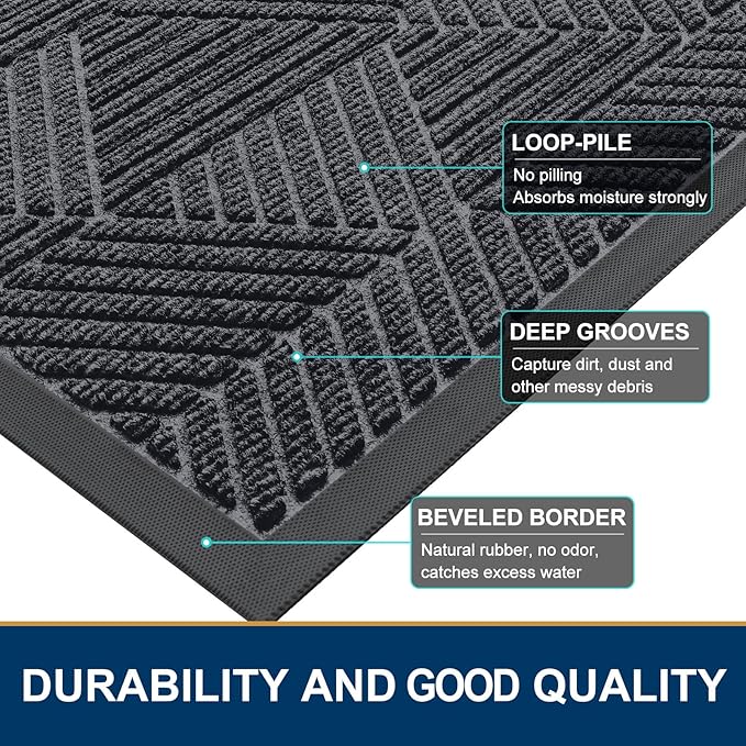 Smiry Front Door Mat Outside Entrance, Heavy Duty Sturdy Natural Rubber Doormat, Trap Dirt and Moisture, Easy Clean Low Profile Mats for Indoor Outdoor Entry, Irregular Triangle (47x32, Silver Grey)