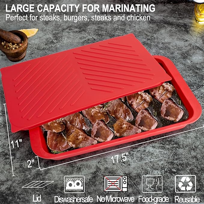 ECOIOU Grilling Prep and Serving Tray with Lid, Bamboo BBQ Deep Trays for Marinating Raw and Cooked Food, Melamine Serving Trays for Food, Black and Red