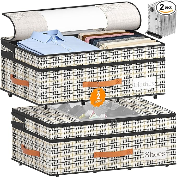 TOSKING Under Bed Storage with Wheels 2 Pack, Adjustable Height 7.9"-10.2", 6 Vacuum Bags, 900D Oxford Rolling Underbed Bins, Heavy Duty Drawer Organizer, Organizer for Clothes, Shoes, Houndstooth