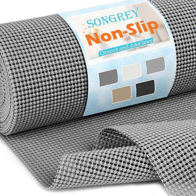 Songrey Non-Adhesive Drawer and Shelf Liner, Non Slip Cabinet Liners, Protect Kitchen Cupboard, Bathroom Drawers, Breathable, Thick Strong Grip mat (17.5IN x 10FT, Dark Gray)