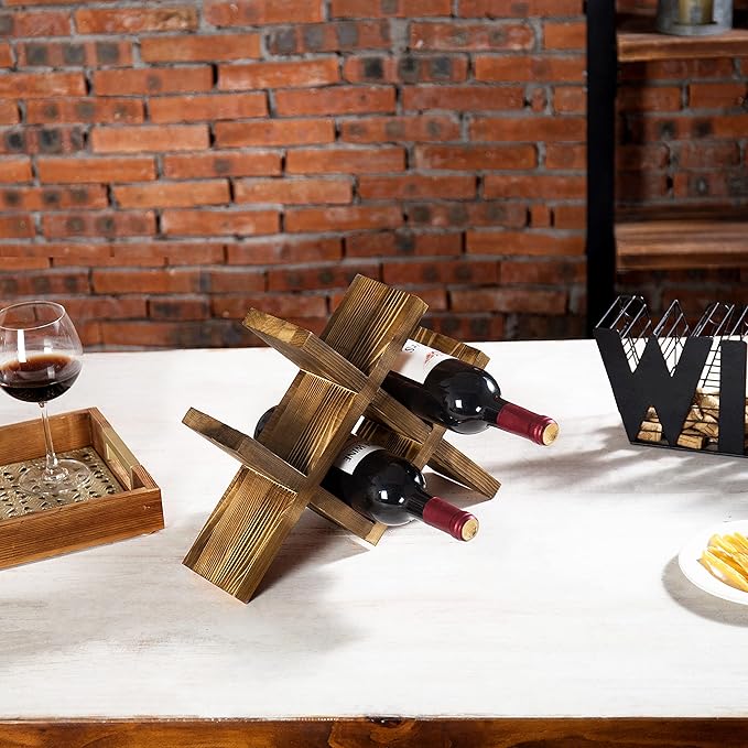 MyGift 4-Bottle Rustic Brown Wood Wine Rack for Countertop - Brushed Country Rustic Style, Compact Storage for Kitchen, Bar, Dining Room (Holds 750ml Bottles)