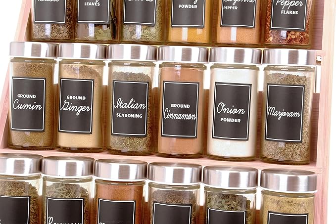 Orii Black Rectangular Spice Labels Stickers for Spice Jars|160 Pre-Printed +20 Blank Labels Spice Container Storage | Preprinted Labels for Kitchen Pantry | Herb Seasoning Labels for Jars