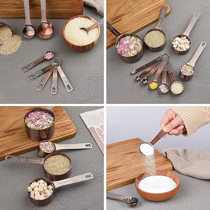 SUNMVEHOT Copper Measuring Cups and Spoons Set, Stainless Steel Measuring Tools Set for Baking & Kitchen, Metric & US 4 Copper Plated Measure Cups and 5 Measure Spoons with Leveler for Wet & Dry