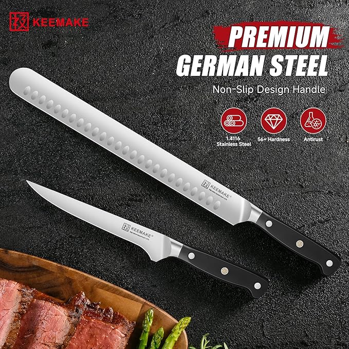 KEEMAKE Carving Knife Set, Slicing and Boning Knife for Meat Cutting, German High Carbon Stainless Steel Carving Knives for Meat Turkey BBQ and Brisket, BBQ Knife Set with Ergonomic Full Tang Handle