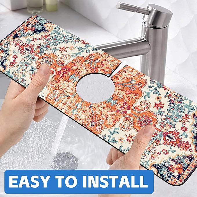 Oriental Turkish Carpet Pattern Red Dish Drying Mat for Kitchen Sink Splash Guard Behind Faucet Sink Mat Absorbent Fast Drying Faucet Draining Mat for Bathroom Kitchen 5.5"×15"