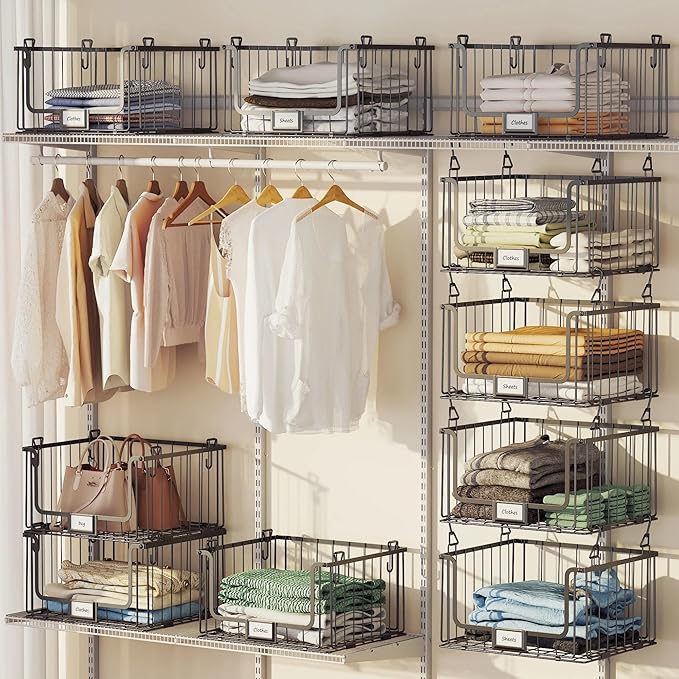 4-Tier Hanging Laundry Room Organizer with Label Cards,Foldable Wire Shelf Basket with 4 Rotating Hooks,Stacked Laundry Basket Organizer,Storage Rack for Laundry Rooms,Closet and Pantry-Black