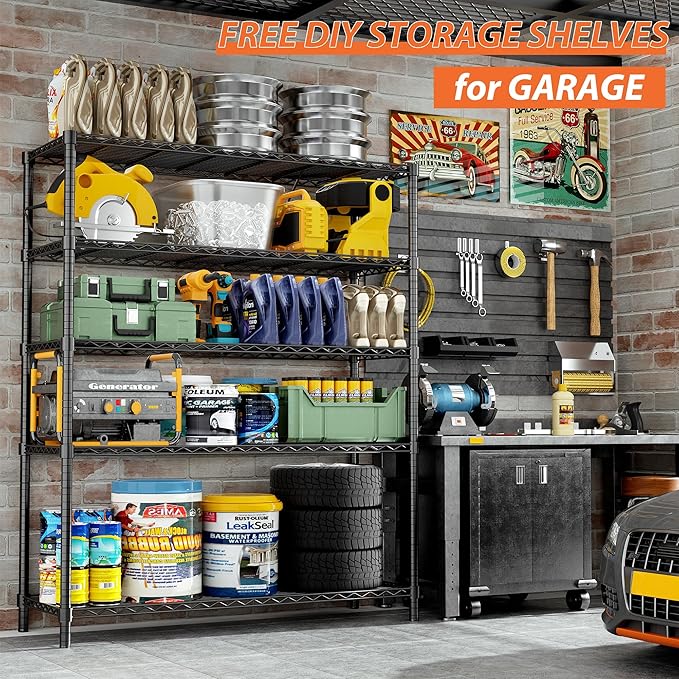 Storage Shelves Heavy Duty, 48" L x 20" W x 72" H Garage Shelving Unit Loads 2000LBS, 5-Tier Adjustable Metal Utility Shelf, Wire Shelf for Kitchen, Laundry Room, Pantry, Warehouse, Basement