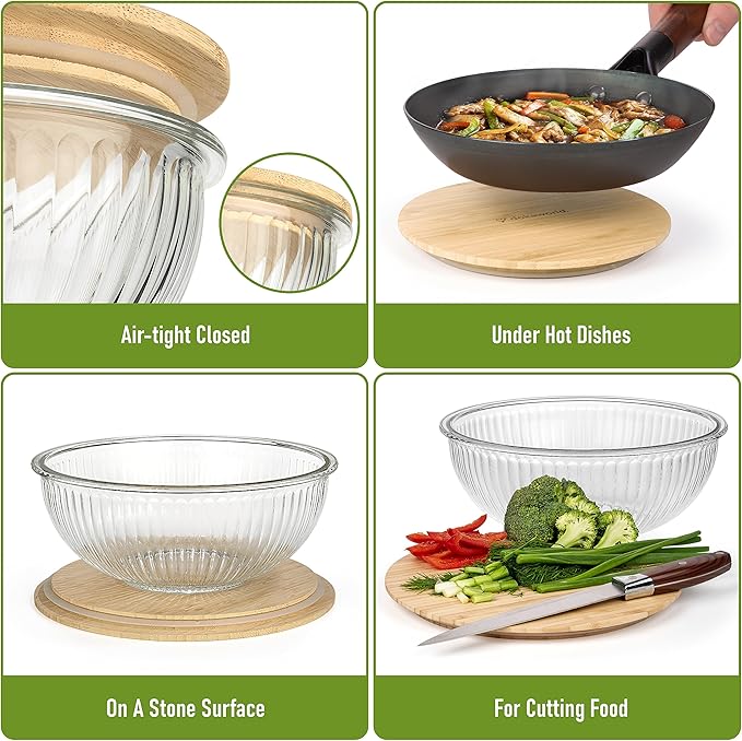 dokaworld Stackable Space-Saving Nesting Set of 3 Glass Bowls with Bamboo Lids for Foodprep, Storage, Mixing & Cooking - Microwave & Oven Safe BPA Free Durable Heat Resistant Inert Borosilicate Glass