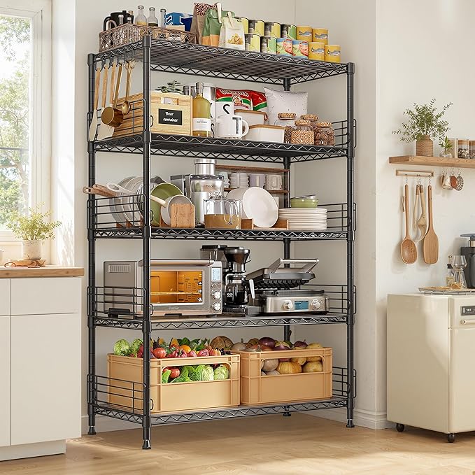 71.5‘’H Wire Shelving Unit With Shelf Linker,5 Tier Metal Shelving Pantry Kitchen Shelves with Side Blockers,Adjustable Standing Storage Shelves Rack with Hooks,Shelf for Utility Room,Basement,office