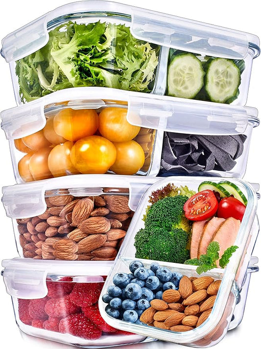 Prep Naturals 36oz Glass Meal Prep Containers - Airtight Glass Food Storage Containers with Lids - Dishwasher, Microwave & Oven Safe Meal Prep Bowls - Pack of 5, 36 Oz, 2-Compartment, Clear