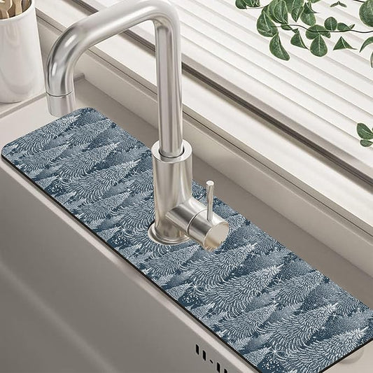 Christmas Forest Sink Faucet Absorbing Mat Pine Spruce Sink Splash Guard Faucet Mat Draining Mat Fast Drying Sink Protectors for Kitchen and Bathroom 5.5"×24"