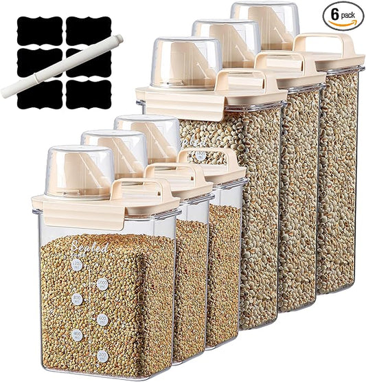 Air Tight Cereal Container Organizer Set of 6 Brown - 1800ML & 2300ML Total 417oz, Dry Food Storage for Pet Food, Rice, Oatmeal with Pour Spout Lid and Plastic Small Measuring Cup for Flour and Sugar