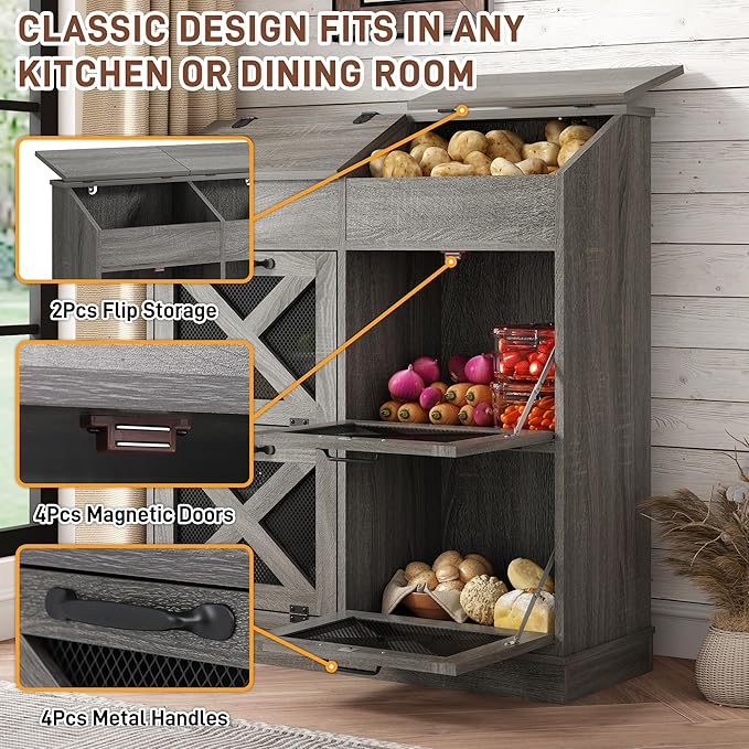 Large Wood Bread Box for Potato,Onion.Veggie Bin W/6 Large Storage Box.Root Vegetable Storage Box For Kitchen,Farmhouse Potato Storage Bin W/4 Mesh Doors,Bread Keeper for Toast,Bagel,Donut,Cookies