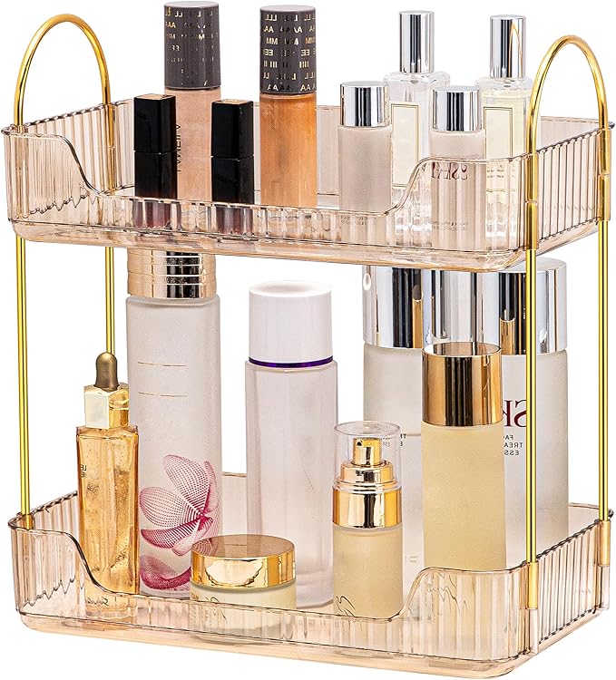 akinbas 2 Tier Bathroom Organizer Countertop Makeup Perfume Tray Skincare Organizer for Bathroom Dresser Vanity (Gold)