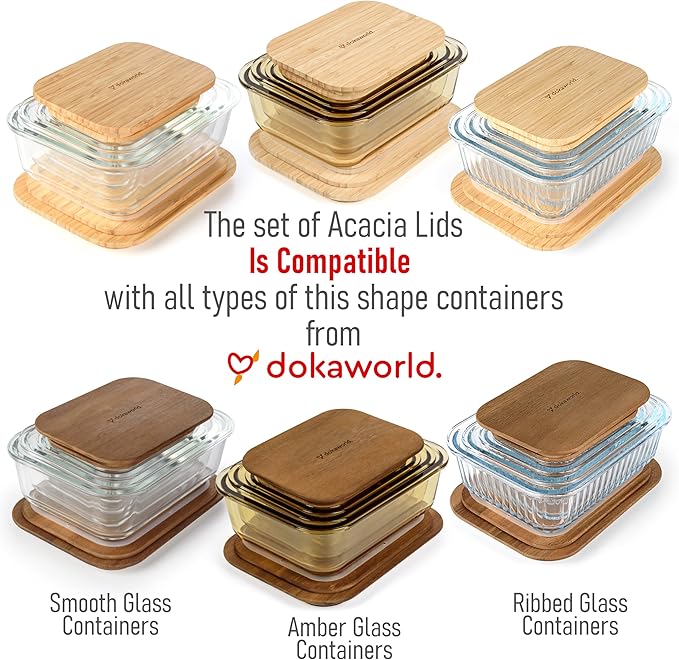 dokaworld Natural Bamboo Lids Set for Food Storage Glass Containers (4pcs) - Lids are compatible with all Glass Food Storage Containers Sets