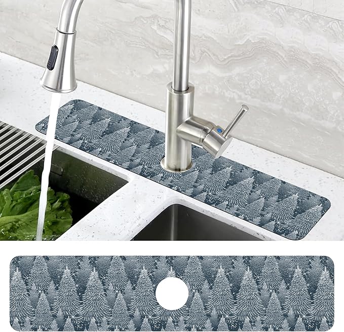 Christmas Forest Sink Faucet Absorbing Mat Pine Spruce Sink Splash Guard Faucet Mat Draining Mat Fast Drying Sink Protectors for Kitchen and Bathroom 5.5"×24"