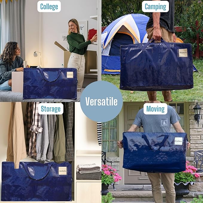 VENO 10 Pack Moving Bags and Large Christmas Decoration Storage Bins with lids. Alternative to Moving Boxes, Packing Supplies for College. Heavy Duty Totes (Blue, 10 Pack)