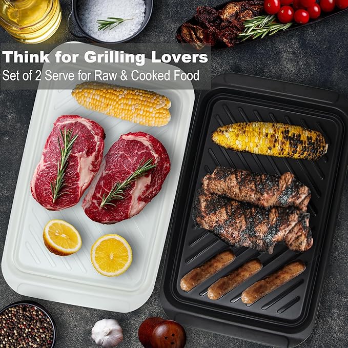 Czlizdyt Grilling Prep and Serve Trays, BBQ Tray for Raw and Cooked Food, Melamine Serving Platter for Food, Set of 2, Black and White, Napkin and Cleaning Clothes Included