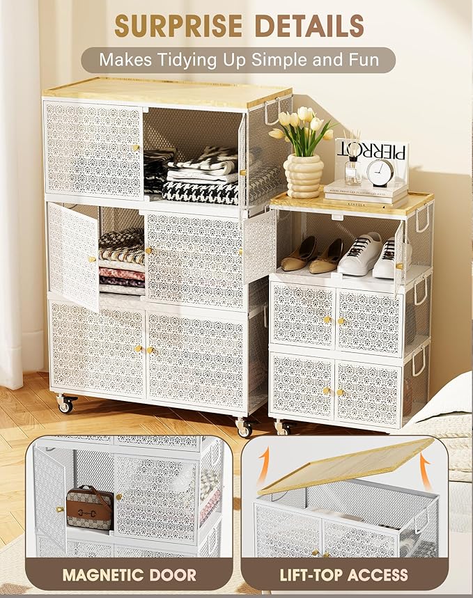 3 Tier Metal Storage Cabinet with wheels, Storage Bins with Magnetic Doors, Storage Cart for Living Room, Bedroom, Bathroom, Laundry, Kitchen